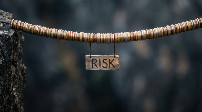 Retirement savings mistake concept. Suspenseful close-up of a risk sign hanging on a rope between two cliffs over a deep gap.