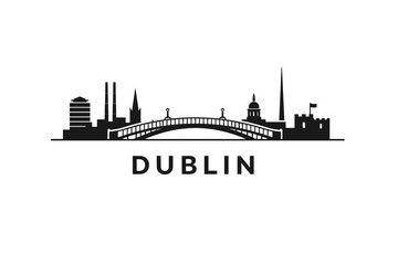 Obraz premium Dublin Skyline Silhouette Poster, Minimalist Black Cityscape Illustration with Irish Landmarks