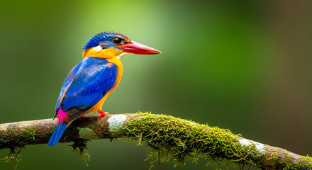 Fototapeta premium Malayan pied hornbill perched on a mossy branch with blurred green foliage background hornbill wildlife background outdoors