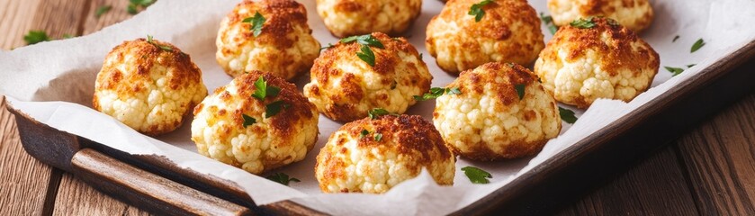 Fototapeta premium Golden brown roasted cauliflower florets with fresh parsley, served as healthy veggie bites on parchment in a rustic tray. Delicious appetizer. ,Healthy,Vegetarian