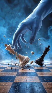 Blue hand smashing white king chess piece on wooden board. Strategic defeat and competitive gaming concept in smoky environment.