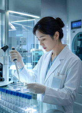 Focused young Asian female scientist using a micropipette for research in a modern sterile laboratory with moody blue cinematic lighting.