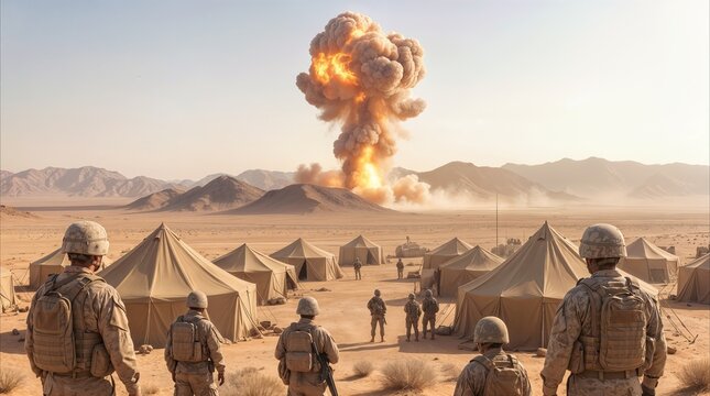 Forces stationed at a desert base watching a large mushroom cloud explosion. Personnel in full gear observing a blast near a tent city during a training exercise.