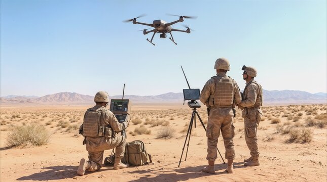 Military personnel operating quadcopter drone for surveillance in desert environment. Personnel using portable control stations and tripod-mounted equipment during field operations.