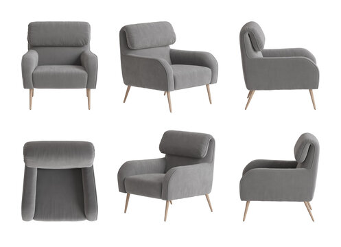 Gray armchair upholstered chair front side perspective views 3D render