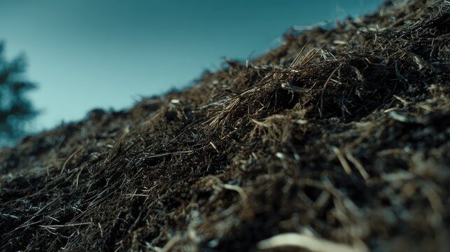 Heap of organic animal manure decomposing on a farm field, creating a rich fertilizer for agricultural crops and maintaining soil health under a clear blue sky