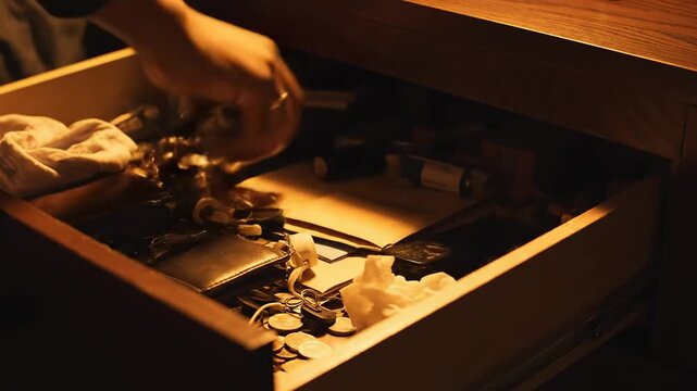 Searching Through a Drawer: A Cinematic Look at Personal Belongings in Warm Light