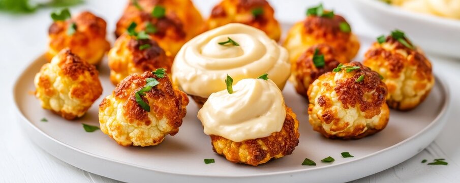 Golden Roasted Cauliflower Bites with Creamy Aioli and Fresh Parsley on a Plate. Crispy, savory healthy appetizer. Party Food, Vegetarian