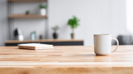 Fototapeta premium overhead. Minimalist wooden desk in living room from overhead view with soft natural ambient lighting. lifestyle magazines, social media lookbooks, designed for influencer and brand collaborations. 