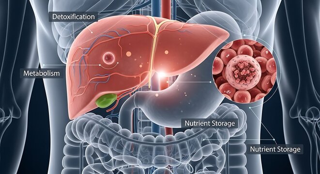Detailed 3D animation of human liver functions Detoxification, metabolism, and storage