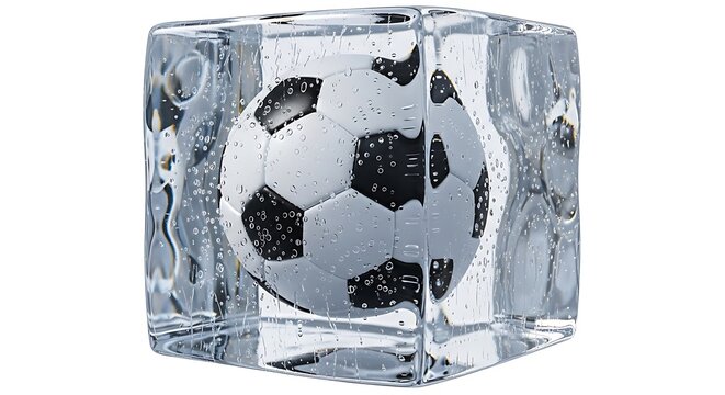 A soccer ball is completely frozen inside a clear ice cube, its black and white pattern visible through the transparent block, representing the freeze of a game or a pause in action.