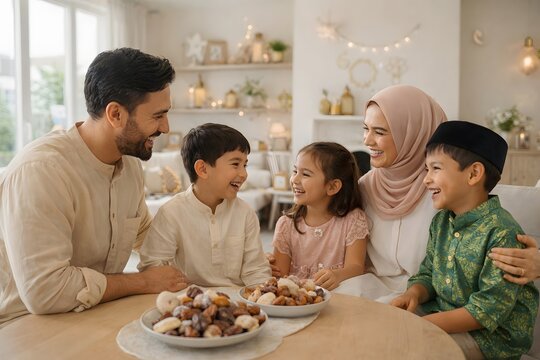 Muslim Family Eid Celebration at Home &ndash; Joyful Gathering, Traditional Food, Happy Islamic Holiday Moment