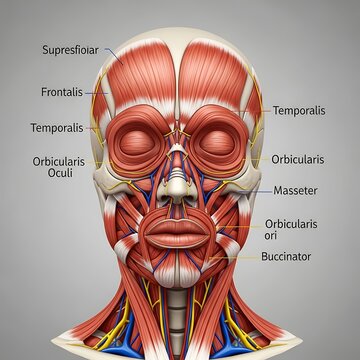 Detailed anatomical illustration of human head muscles and nerves