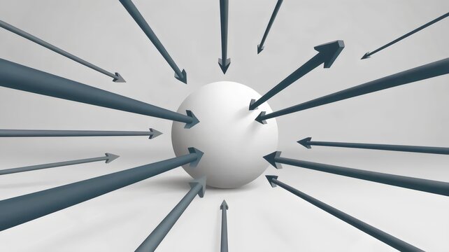 3D radial arrows pointing to sphere &ndash; Perfect for collective intelligence, networking hubs, or information gathering.
