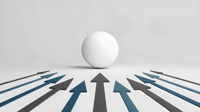 Blue arrows converging on white sphere &ndash; Ideal for data synthesis, team unity, or central management concepts.