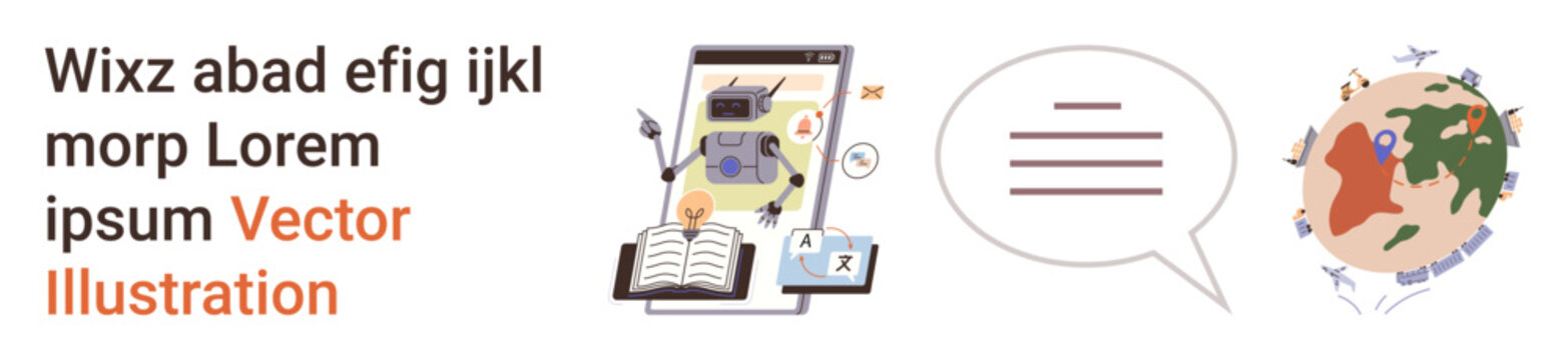 Knowledge sharing, e-learning platforms, global communication, virtual learning, digital tools, technology integration. Open books, devices speech bubble global map. E-learning platforms