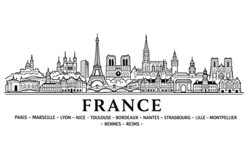 Fototapeta premium France Panoramic Skyline Poster, Minimalist Line Art Illustration with Famous French Cities and Landmarks