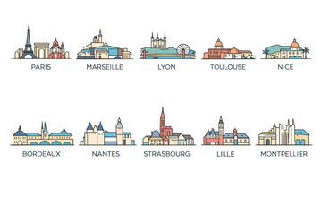 Obraz premium France Urban Skyline Set, Modern Minimal City Landmarks in Flat Style