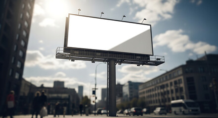 Fototapeta premium Large blank billboard on city street with blurry background buildings and people walking transparent background