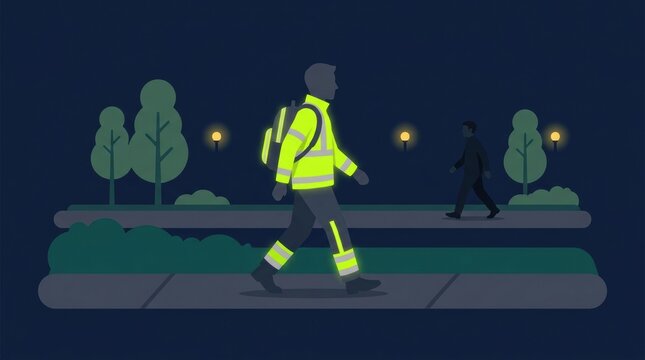 Pedestrian Wearing Reflective Gear Walking on Sidewalk at Night Near Street Lamps and Trees in Urban Area for Road and Traffic Safety