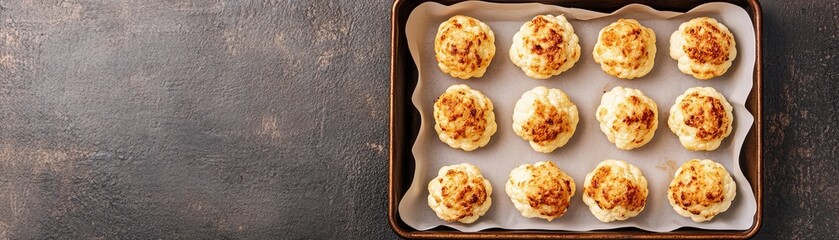 Fototapeta premium Overhead 12 golden baked savory snacks on parchment paper in a baking tray, rustic dark background. Fresh homemade pastries, perfect appetizer. Baking, Appetizer