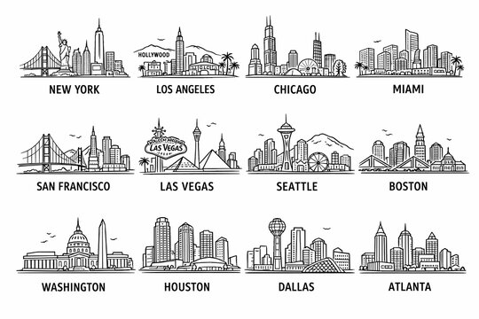 Minimalist Line Art USA City Skyline Icon Set with Names, New York Los Angeles Chicago Miami San Francisco Las Vegas Seattle Boston Washington Houston Dallas Atlanta, Black Outline on White Background