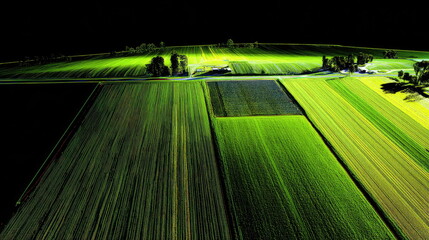 Plakat Green fields extending across a rural landscape, creating geometric patterns from an aerial perspective, highlighting sustainable farming and land development