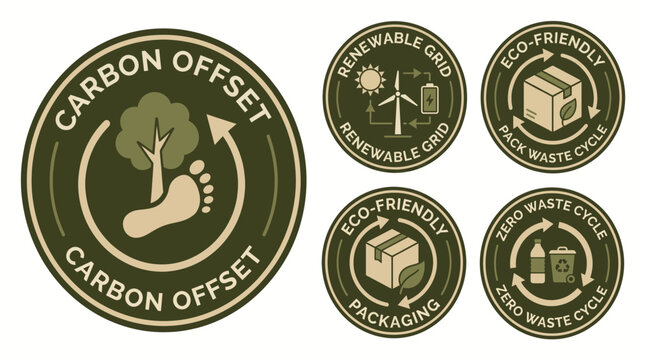 Eco-friendly carbon offset and zero waste cycle icons, illustrating sustainability and environmental responsibility