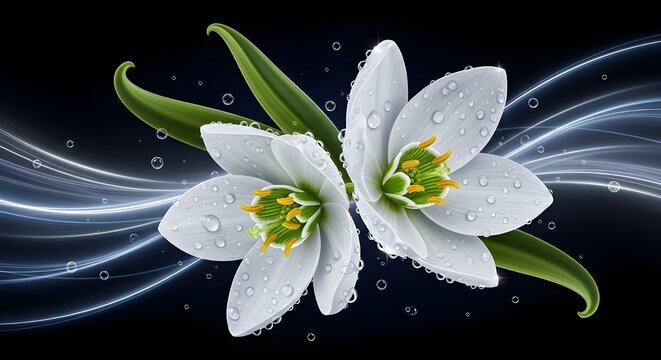 Delicate white snowdrop flowers with water droplets, nature's elegance, spring bloom, abstract light streaks background