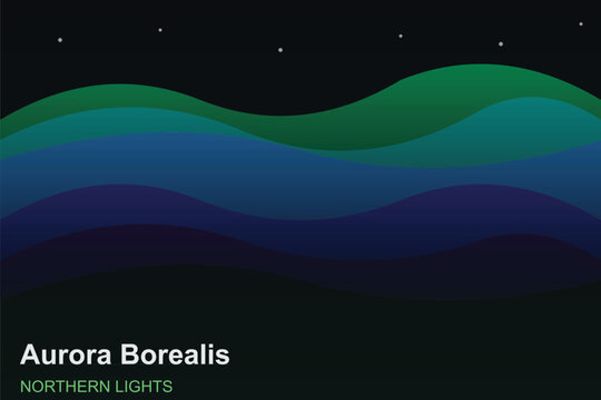 Aurora Borealis northern lights vector illustration, wavy green and blue light layers in night sky, abstract polar atmosphere background