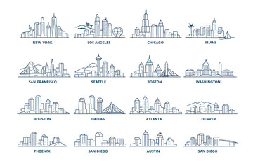 Naklejka premium 2D USA City Skyline Line Icons Set, Minimalist Outline Urban Collection of American Cities