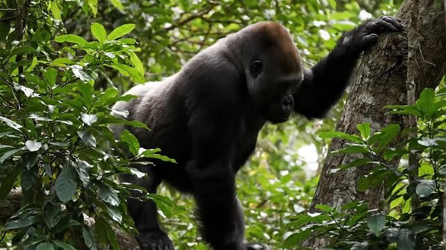 Close up of a Western Lowland Gorilla (Gorilla gorilla) climbing down a tree in the African forest, Republic of the Congo.
