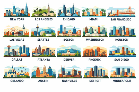 Vibrant USA City Skylines Collection, New York Los Angeles Chicago and More, Colorful Urban Landscapes Set for Travel Posters and Design