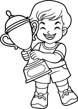 Kindergarten children bring trophies line vector illustration isolated on white background