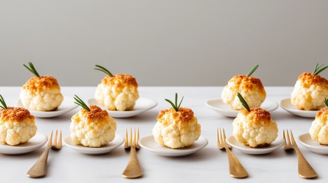 Rows of small, golden-crusted cauliflower florets with rosemary sprigs, meticulously plated on individual white dishes. A clean, gourmet appetizer display. Appetizer, Vegan