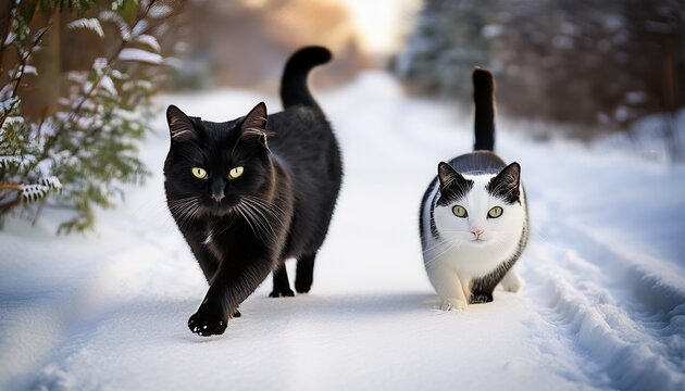 black cat and white cat walking side by side on a snow covered pathway showcasing their contrasting fur colors