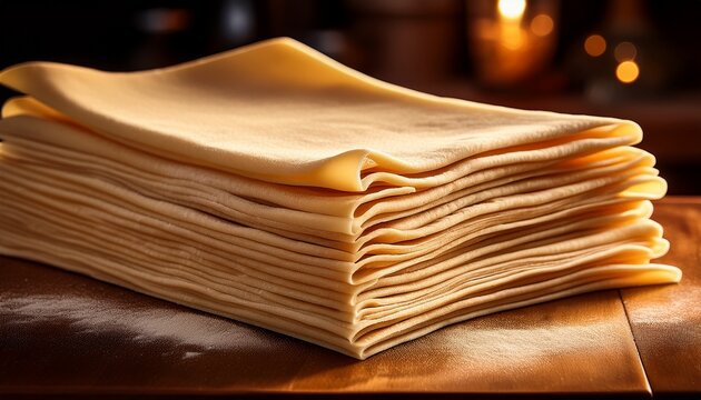 close up of stacked thin dough sheets with soft texture and warm culinary lighting