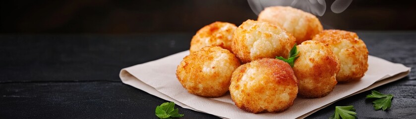 Fototapeta premium Steaming hot, crispy golden fried rice balls piled on a napkin against a dark background. Appetizing snack, delicious comfort food bites. Arancini, Fried
