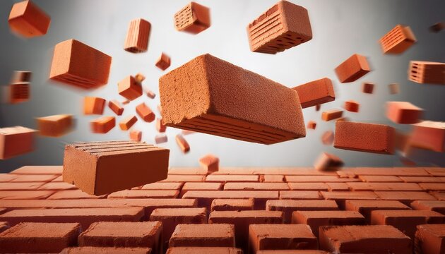 floating textured bricks above a wall creating a surreal construction concept with strong depth and dynamic motion