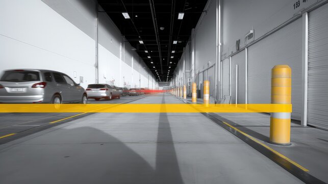 Yellow traffic barrier blocks vehicles in a long narrow tunnel, conveying controlled access and order in an urban parking or industrial passage with concrete walls and lights