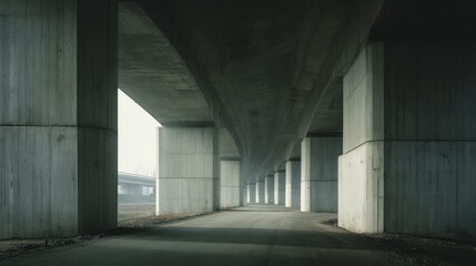 Naklejka premium Concrete columns supporting a highway overpass create a long perspective into the distance, conveying themes of infrastructure, urban decay, architecture, and linear structure under the road