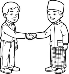 Fototapeta premium Two children shake hands line vector illustration isolated on white background