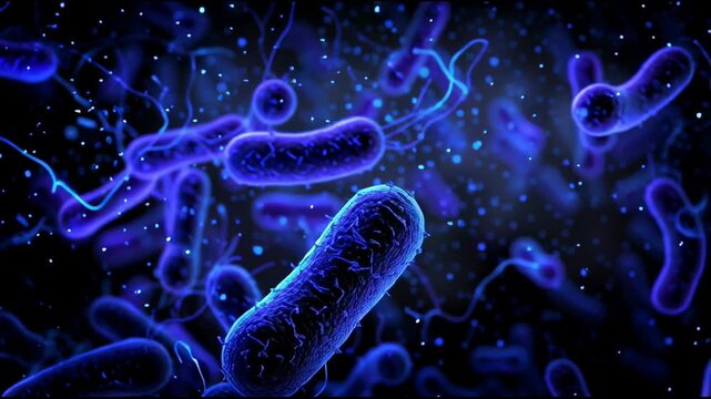 Blue glowing bacteria cells moving in dark background microscopic 3D render