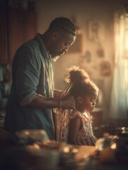 Obraz premium Young Black Father Braiding Daughter's Hair at Kitchen Table on a Soft Sunday Morning
