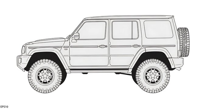 Detailed outline drawing of a rugged, off-road four-door sport utility vehicle