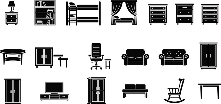 Comprehensive set of home and office furniture silhouette icons featuring bunk beds wardrobes sofas office chairs and tables for interior design planning and real estate catalogs vector illustration.