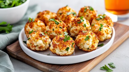 Fototapeta premium Vibrant close-up Perfectly roasted golden cauliflower florets, parsley-topped, presented on a white plate and wooden board. A delicious, healthy snack. Appetizer, Vegetarian