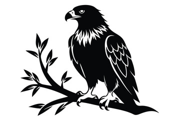Fototapeta premium eagle setting on a branch silhouette line art vector illustration with a white background