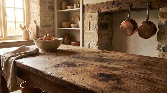 A charming rustic farmhouse kitchen interior featuring a large distressed wooden table with fresh apples and linen cloth creating a cozy atmosphere.