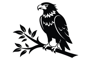 Fototapeta premium eagle setting on a branch silhouette line art vector illustration with a white background